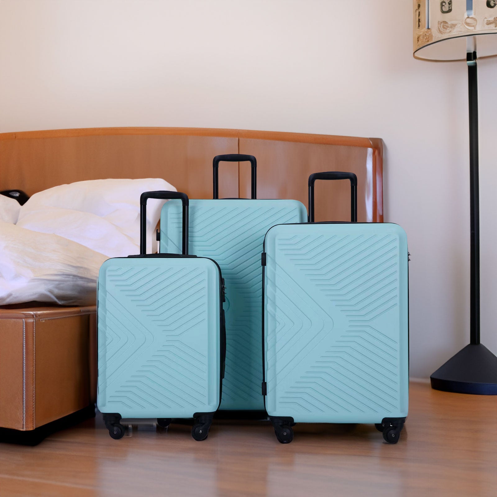 3 Piece Luggage Sets ABS Lightweight Suitcase with Two Hooks, Spinner Wheels, TSA Lock, (20/24/28)   Green